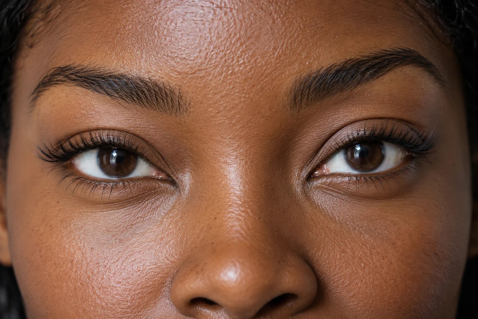 Illustrative close-up of a defined classic lash line and natural brows