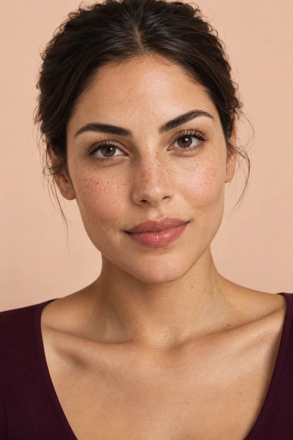 Illustrative beauty portrait with softly shaped natural brows and visible skin texture