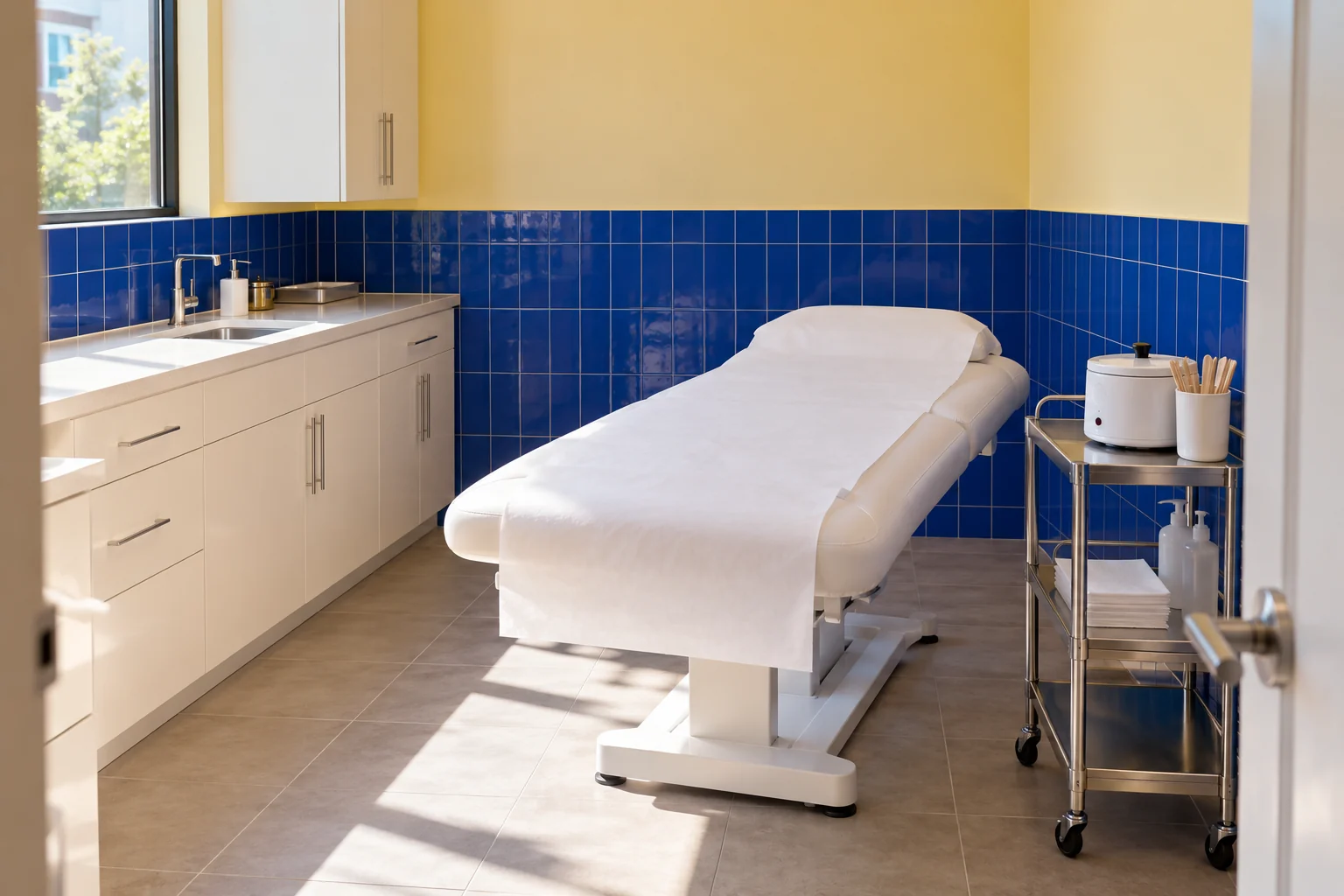 Illustrative waxing treatment room with cobalt tile, pale yellow walls and a clean treatment bed