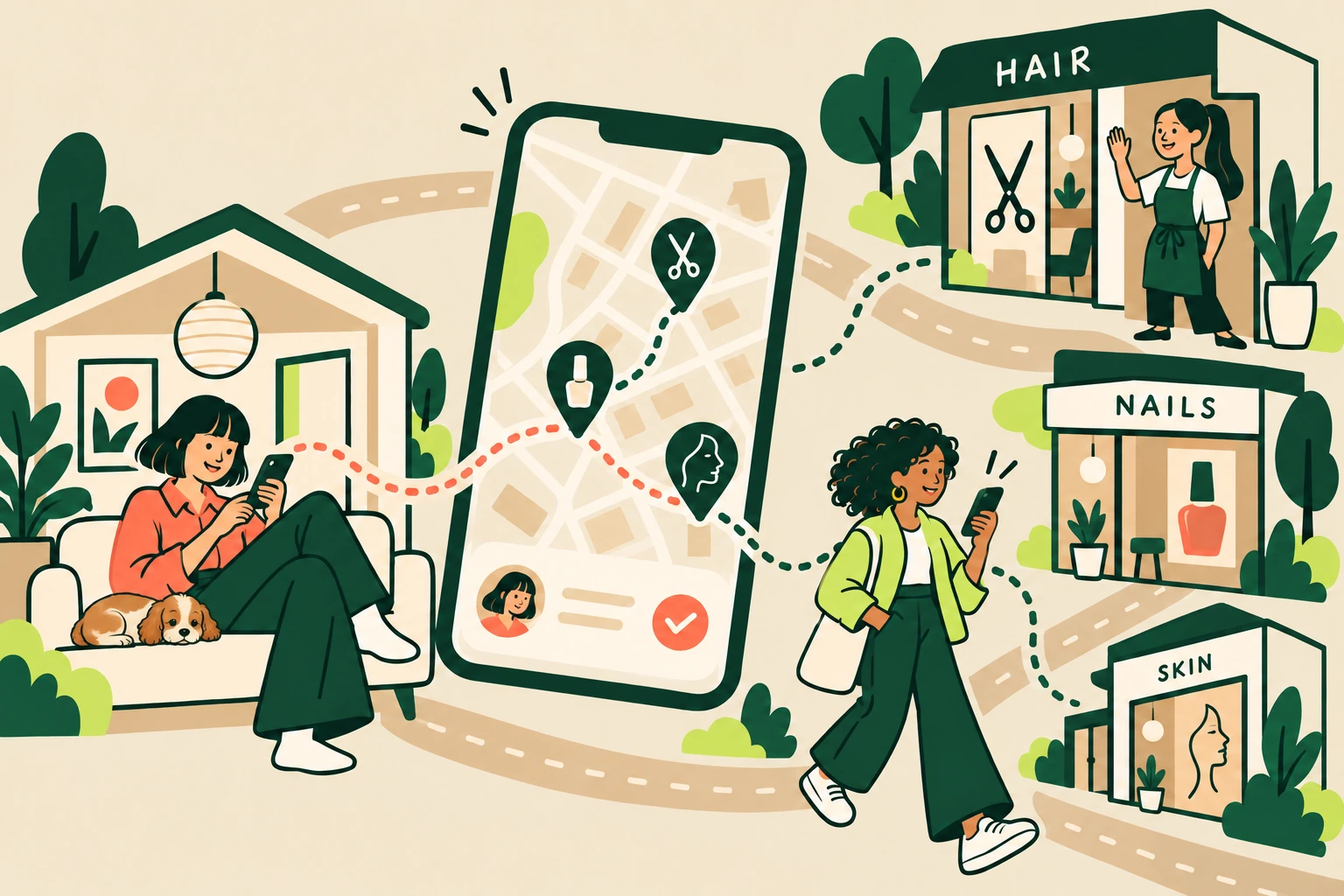 An illustrated neighborhood connects a woman browsing on her phone at home, a shopper nearby, and welcoming hair, nail, and skin studios through a phone map and appointment path.