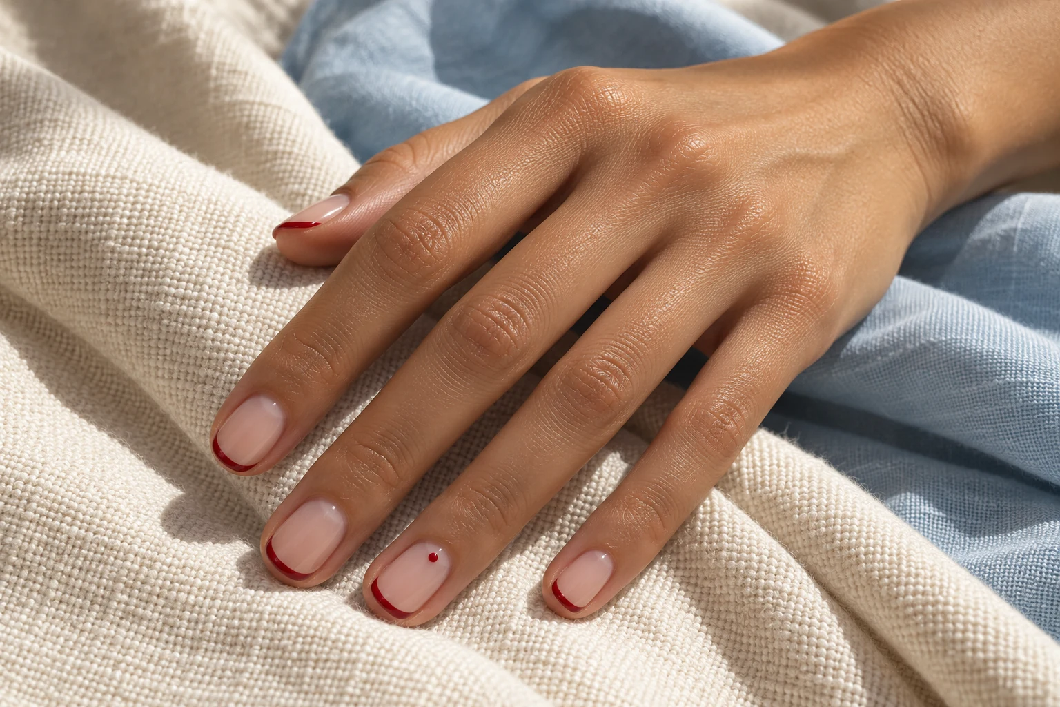 Concept photograph of a red micro-French manicure