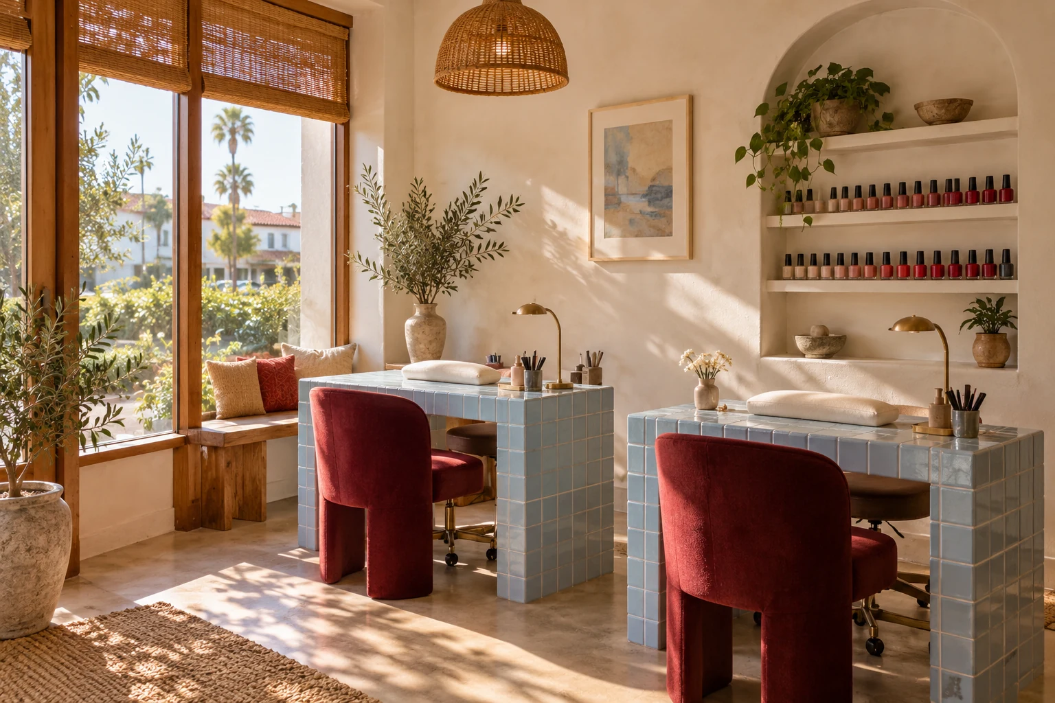 Lacquer House interior with pale-blue tile, red chairs and natural light