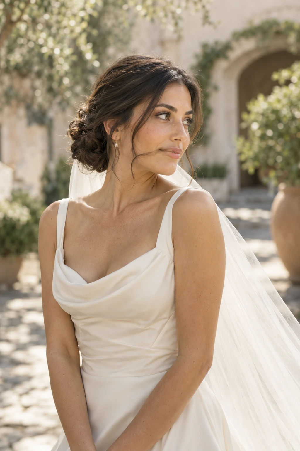 Bridal style study with a soft chignon and natural makeup