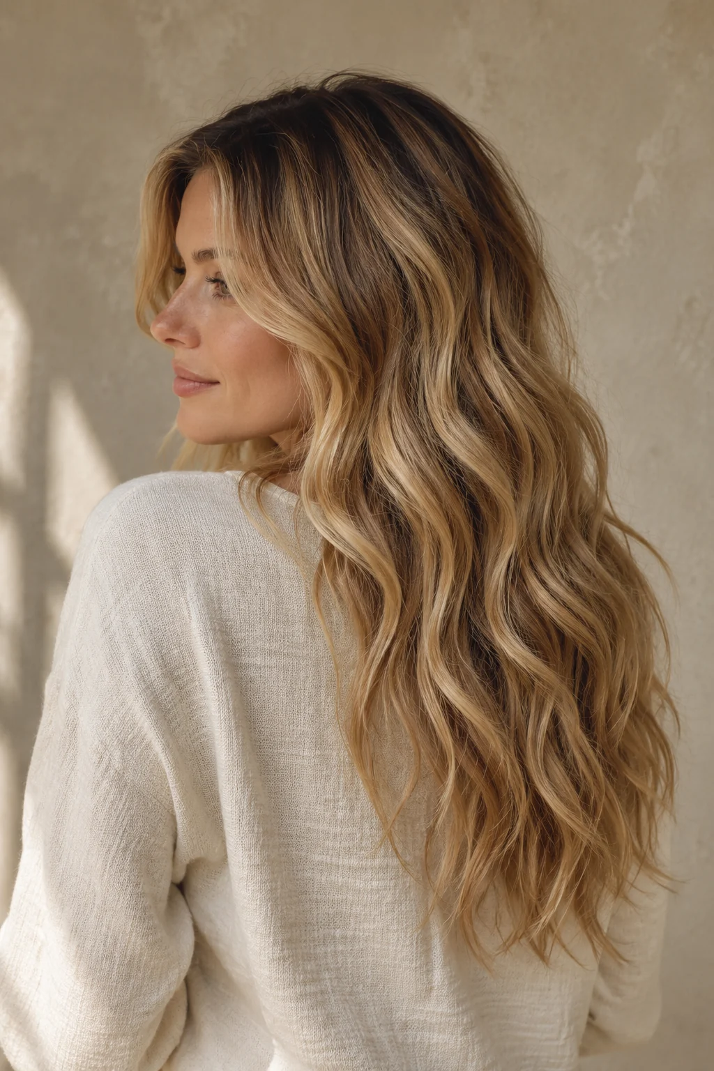 Fictional editorial portrait of lived-in honey-blonde waves
