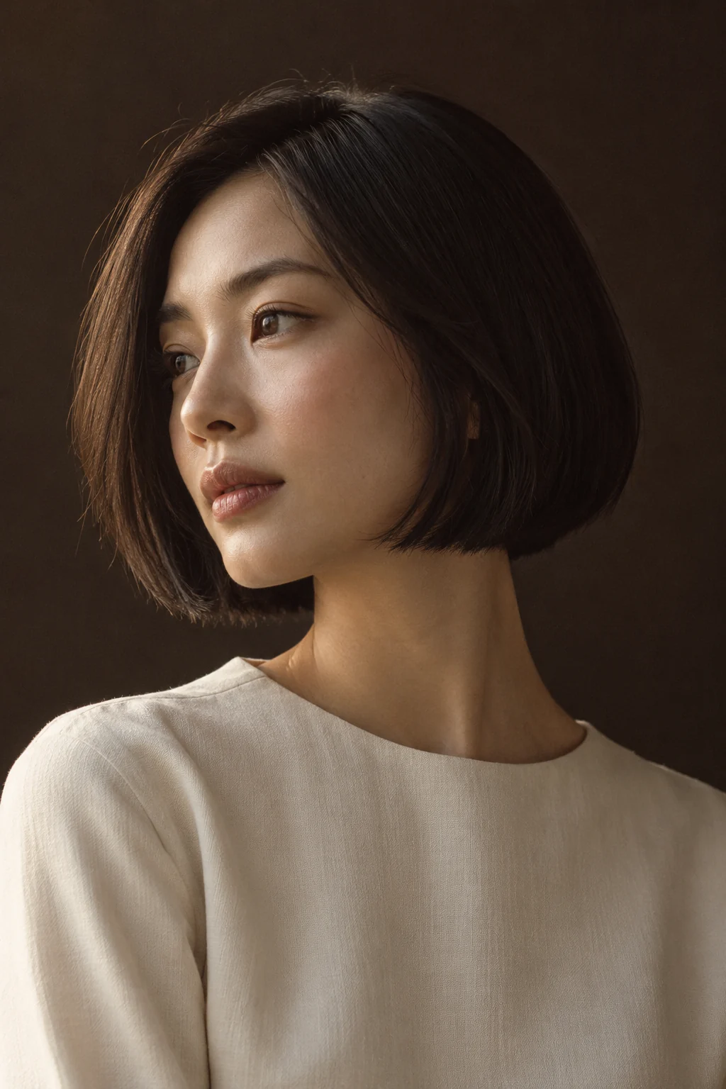 Fictional editorial portrait of a precise jaw-length dark bob