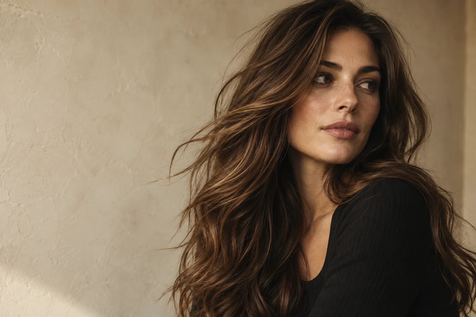 Fictional editorial portrait of chestnut brunette hair with soft dimension