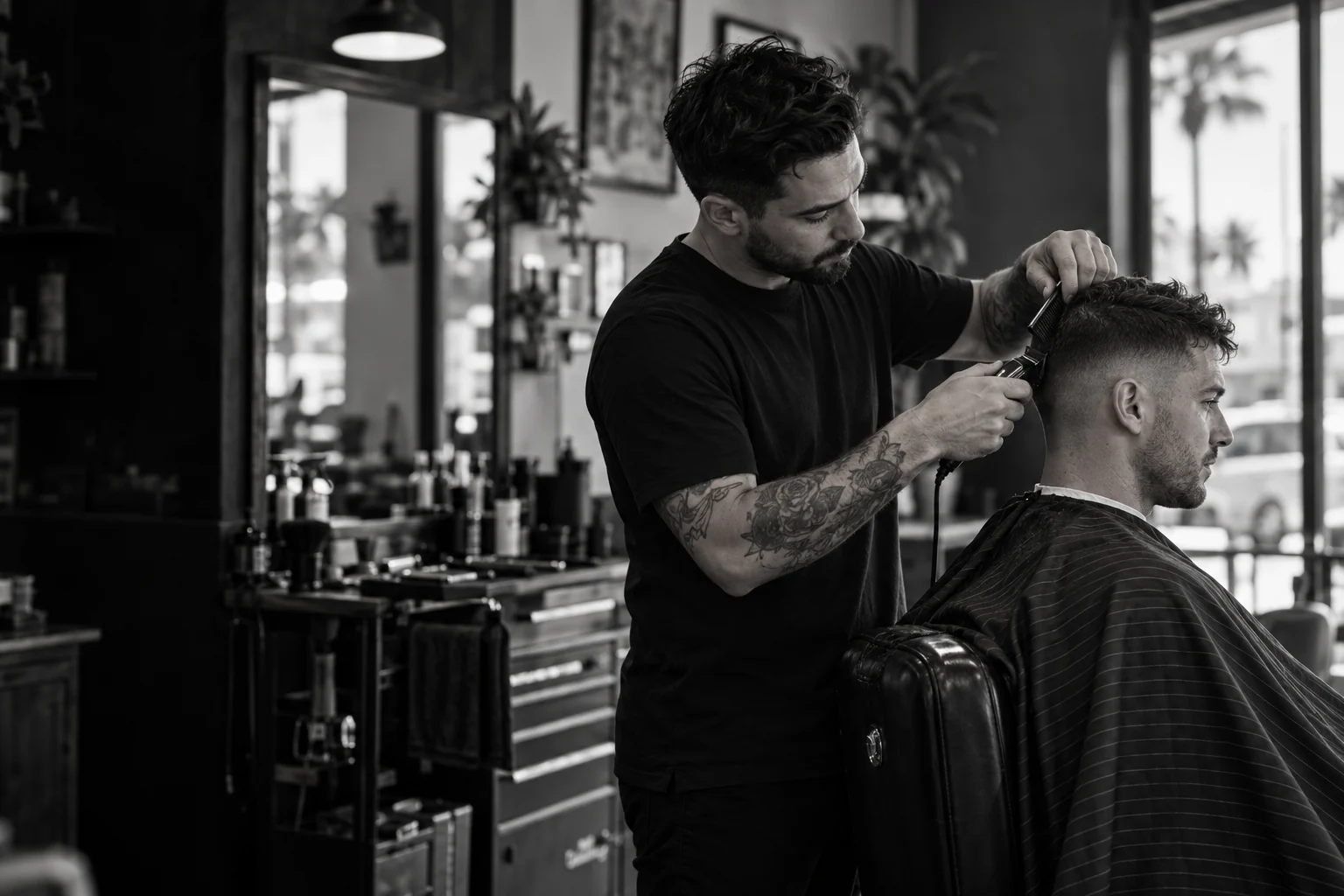 black-and-white documentary scene of a barber working on a client’s haircut