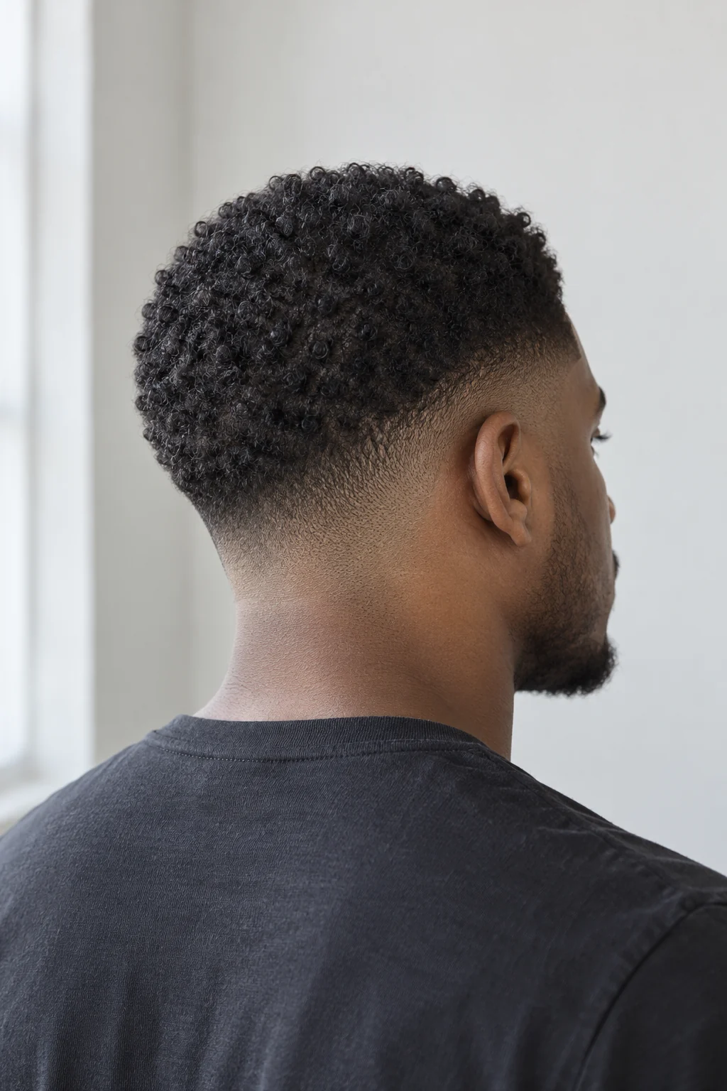 Illustrative low skin fade with short natural curls, shown from a rear three-quarter angle