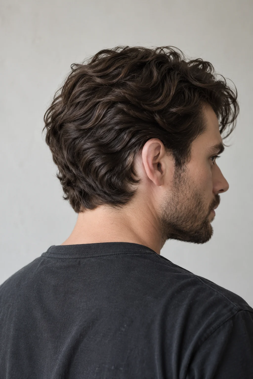 Illustrative longer scissor cut with natural dark waves and a clean nape