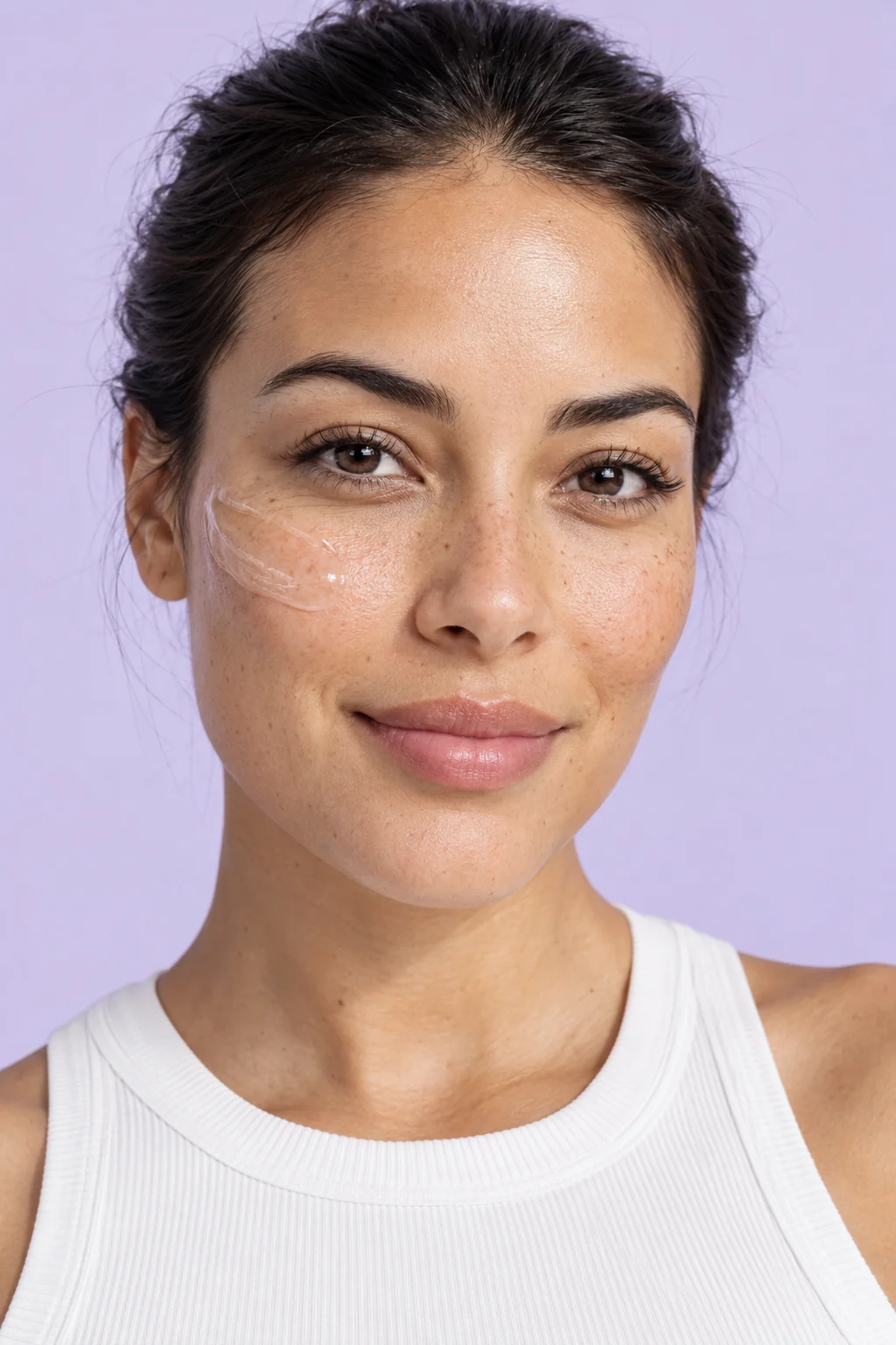 skincare campaign portrait with natural skin texture and a small gel application on the cheek