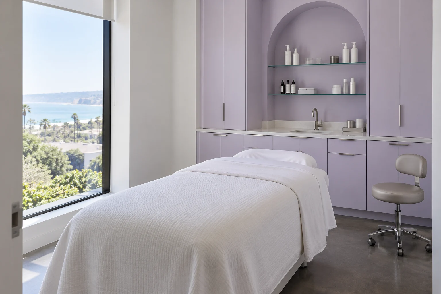 Softly lit spa treatment room
