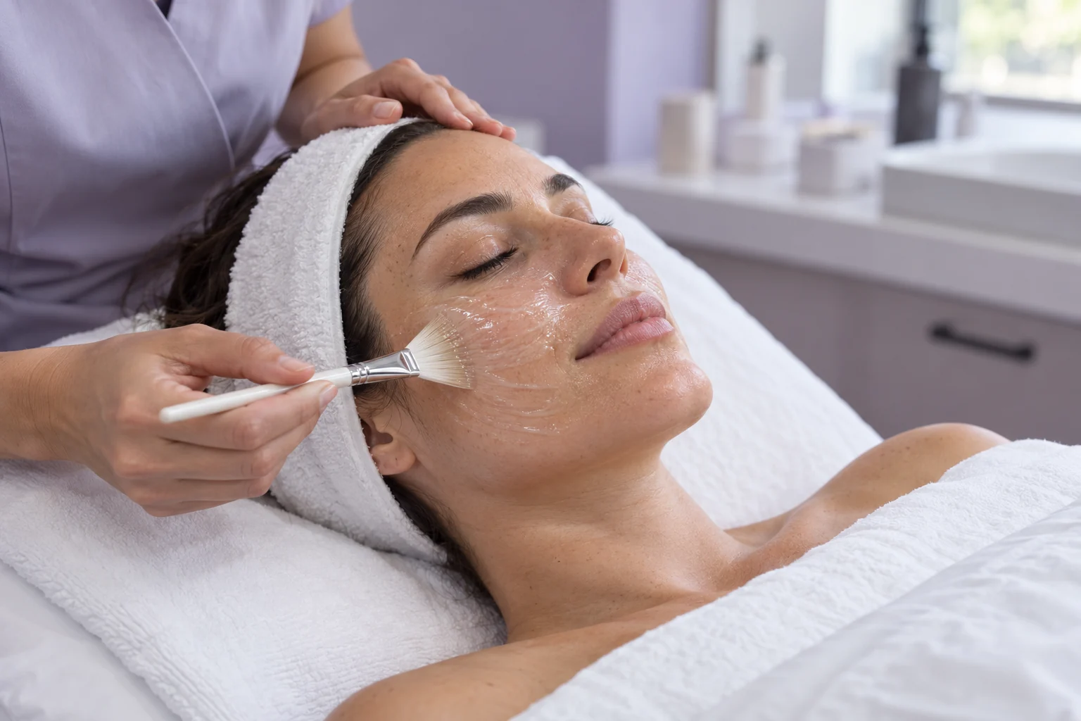facial treatment with a mask gently applied to a covered client’s cheek